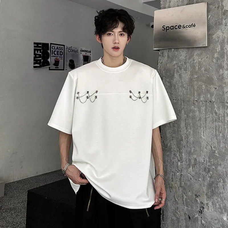 IEFB Summer O-Neck T-Shirt Trendy Men's Top Metal Chain Rope Design American Style Padded Shoulder Short Sleeve Tees 9W3599
