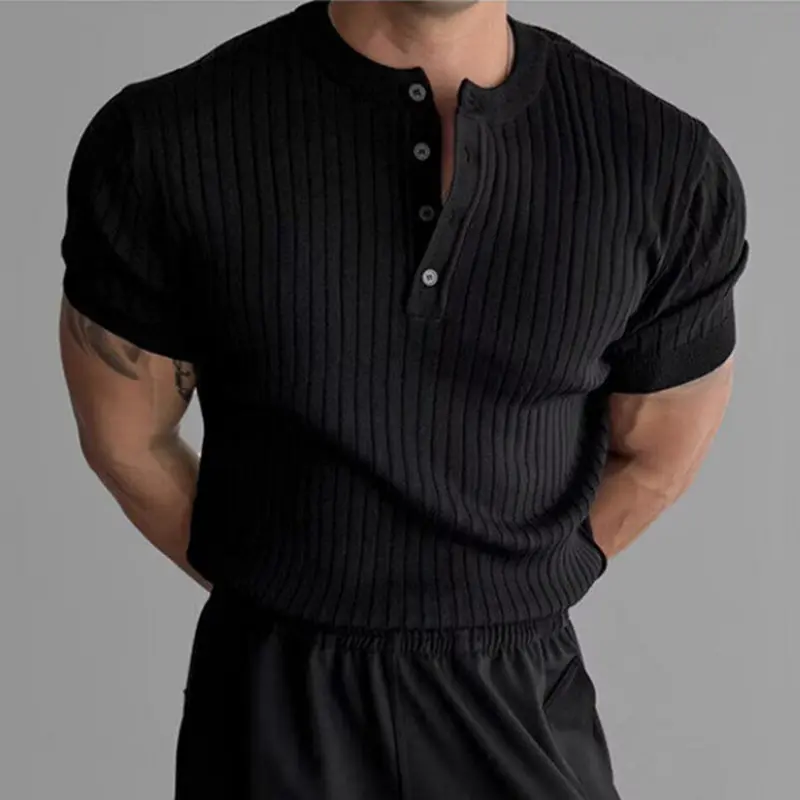 IEFB Trendy Men's Tops Button Design Solid Color Pit Knitting T-shirts Korean Short Sleeved Slim Male Tops Summer 9W2829