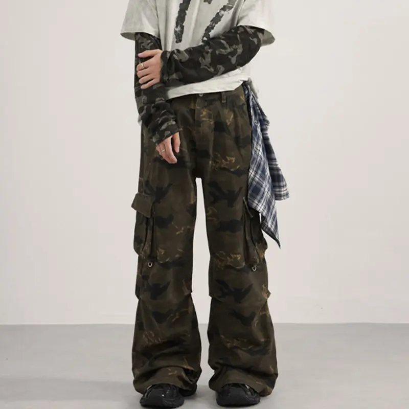 IEFB American Style Men's Trousers Side Pocket Pleated Design Camouflage Autumn Straight Pants Wide Leg Loose Male Bottom 9W4155