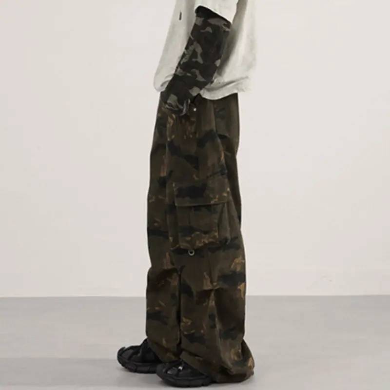 IEFB American Style Men's Trousers Side Pocket Pleated Design Camouflage Autumn Straight Pants Wide Leg Loose Male Bottom 9W4155