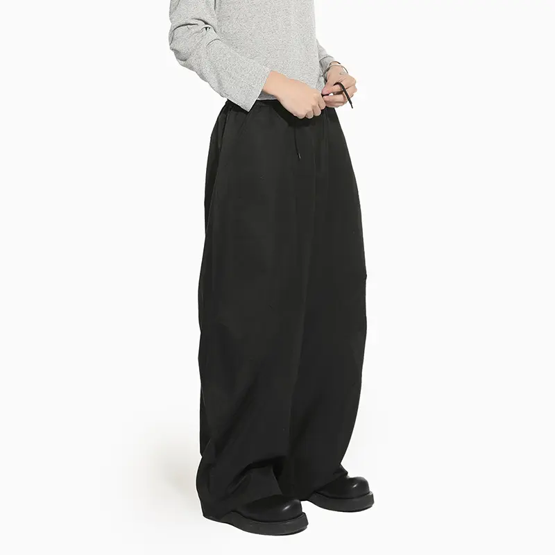 IEFB Korean Style Men Casual Pants Solid Color Pleated Design Drawstring Curved Knife Trousers Elastic Waist Male Bottom 9W4304