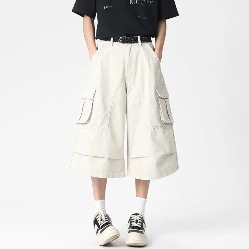 IEFB Simple Men's Cargo Shorts Casual Solid Color Pleated Design Trousers Patchwork Side Pockets Male Straight Bottom 9W2888
