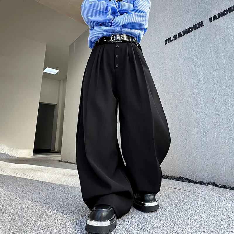 IEFB Korean Style Men's Casual Pants Button Decoration Pleated Solid Collar Curved Knife Trousers Wide Leg Male Bottom 9W4176