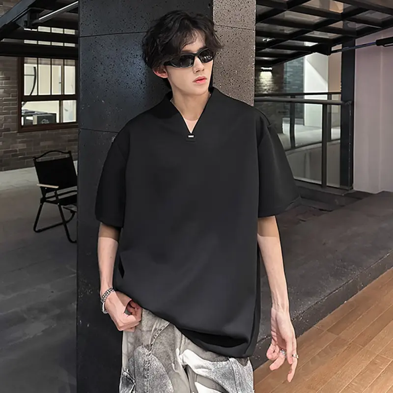 IEFB Summer Men's Tees Metal Decoration Solid Color Short Sleeved T-shirts Korean Style V-neck Loose Male Pullover Tops 9W3489