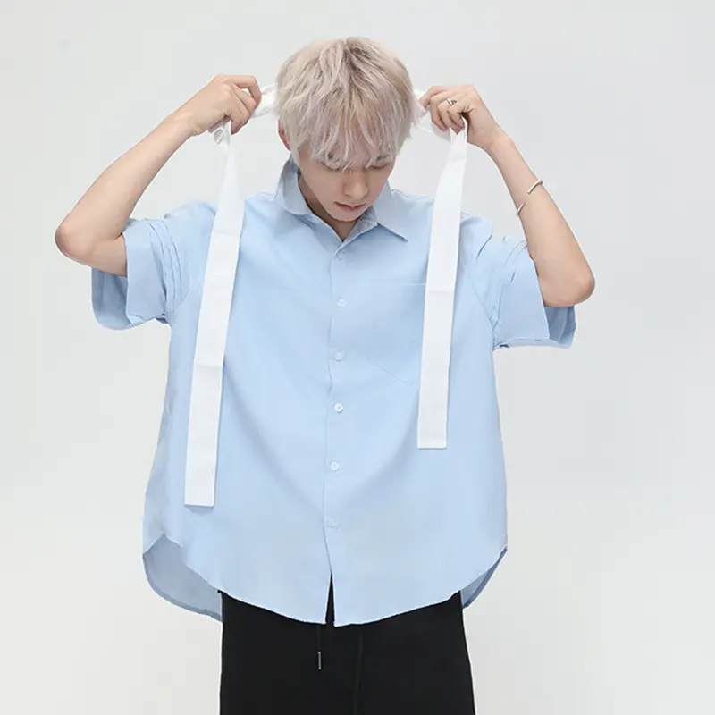 IEFB Men's Short Sleeve Shirt With Belt Casual Loose Fit Turn-down Collar Solid Color Male Top Summer New Fashion Trend  9W3430