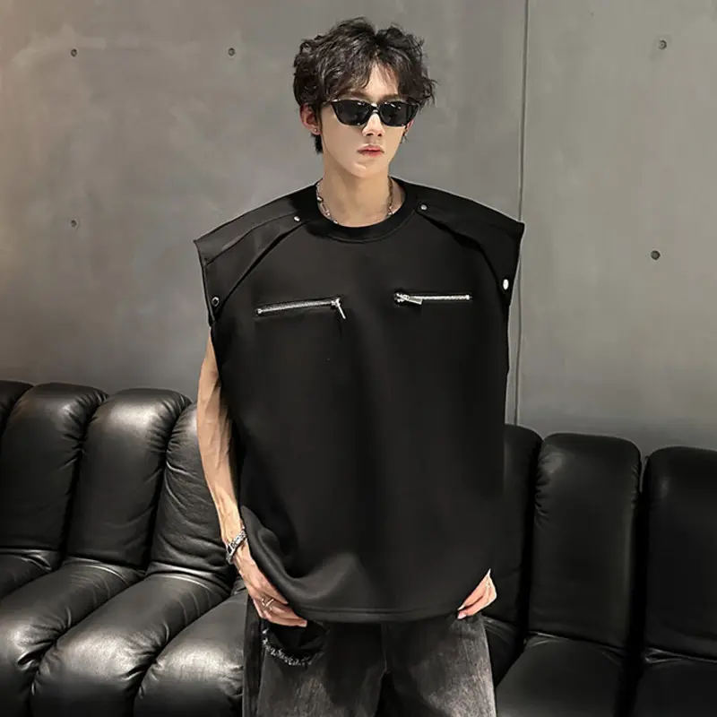 IEFB Korean Style Men's Tank Tops Round Collar Sleeveless Zipper Patchwork Solid Color Shoulder Padded Loose Male Vests 9W3723