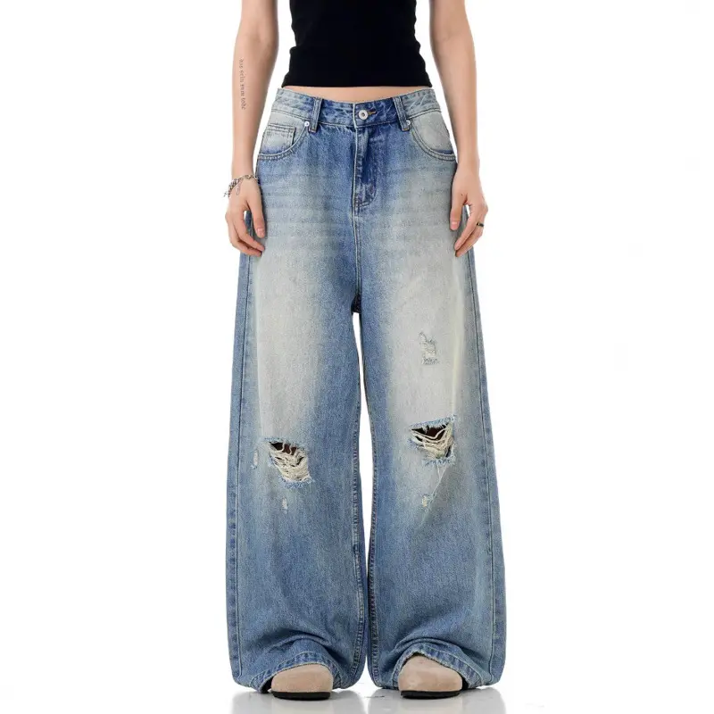 IEFB American Style Men's Denim Pants Hole Design Tassel Washing Solid Color Trousers Straight Wide Leg Loose Male Jeans 9W3227