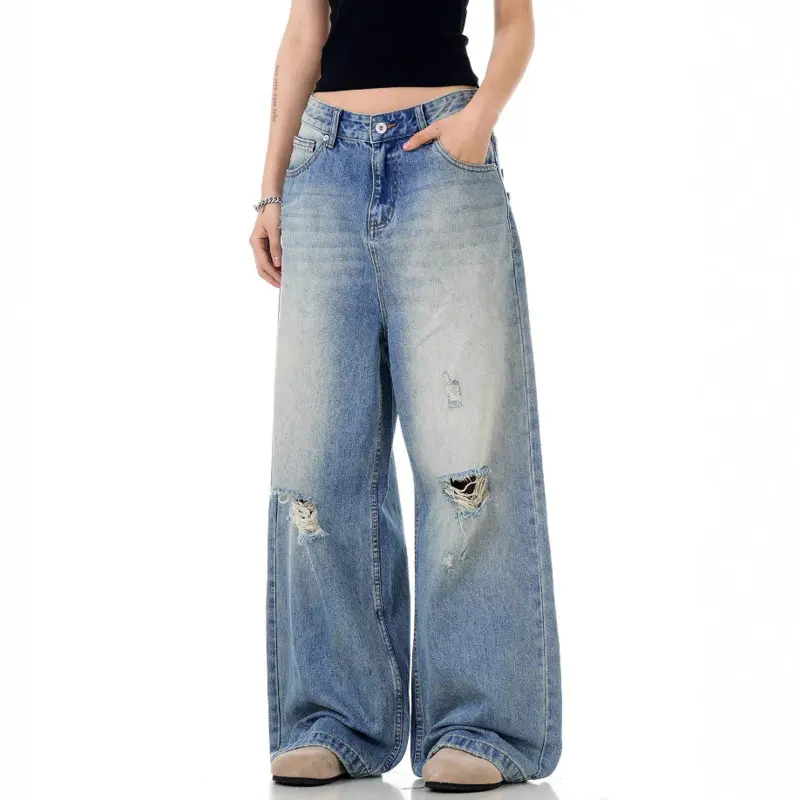 IEFB American Style Men's Denim Pants Hole Design Tassel Washing Solid Color Trousers Straight Wide Leg Loose Male Jeans 9W3227