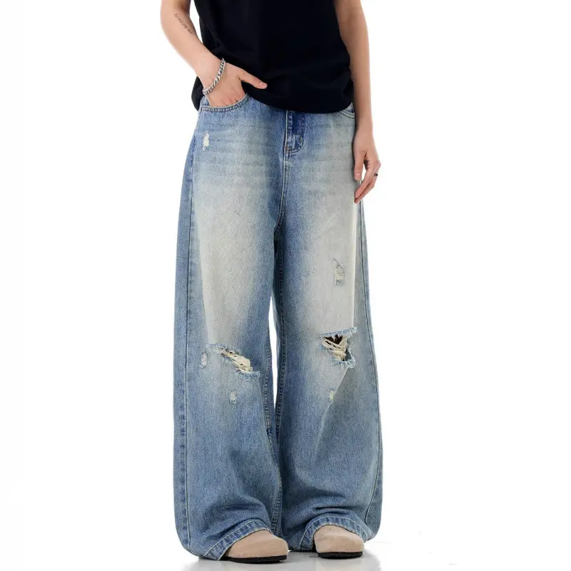 IEFB American Style Men's Denim Pants Hole Design Tassel Washing Solid Color Trousers Straight Wide Leg Loose Male Jeans 9W3227