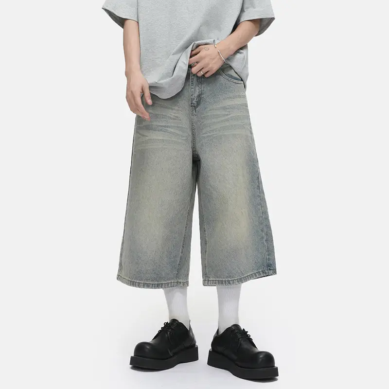 IEFB Korean Style Men Jeans Solid Color Washing Mill White All-match Straight Trousers Vintage Male Cropped Denim Shorts 9W3380