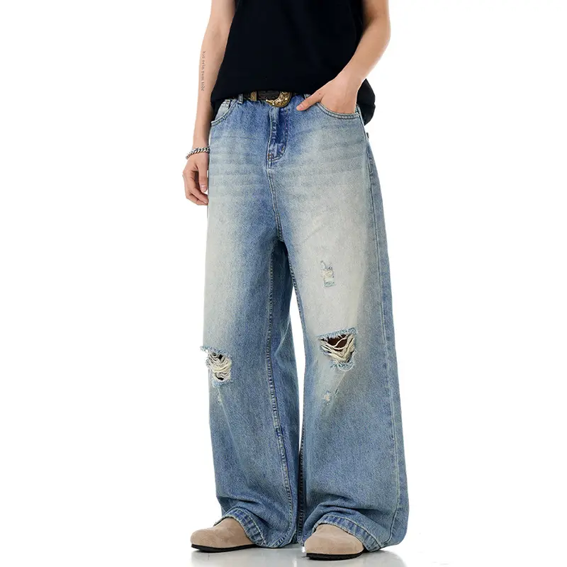 IEFB American Style Men's Denim Pants Hole Design Tassel Washing Solid Color Trousers Straight Wide Leg Loose Male Jeans 9W3227