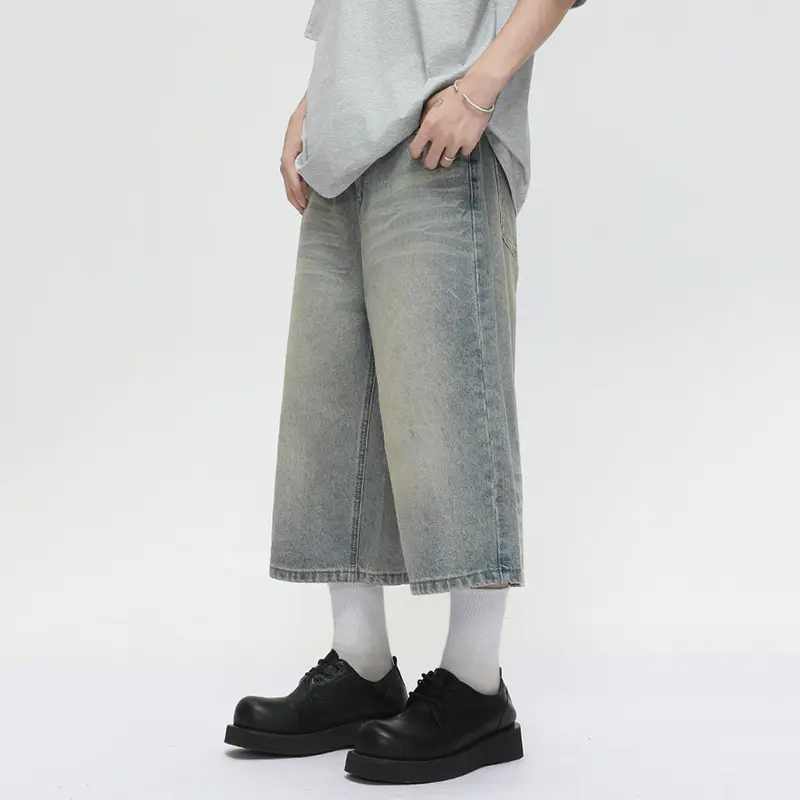 IEFB Korean Style Men Jeans Solid Color Washing Mill White All-match Straight Trousers Vintage Male Cropped Denim Shorts 9W3380