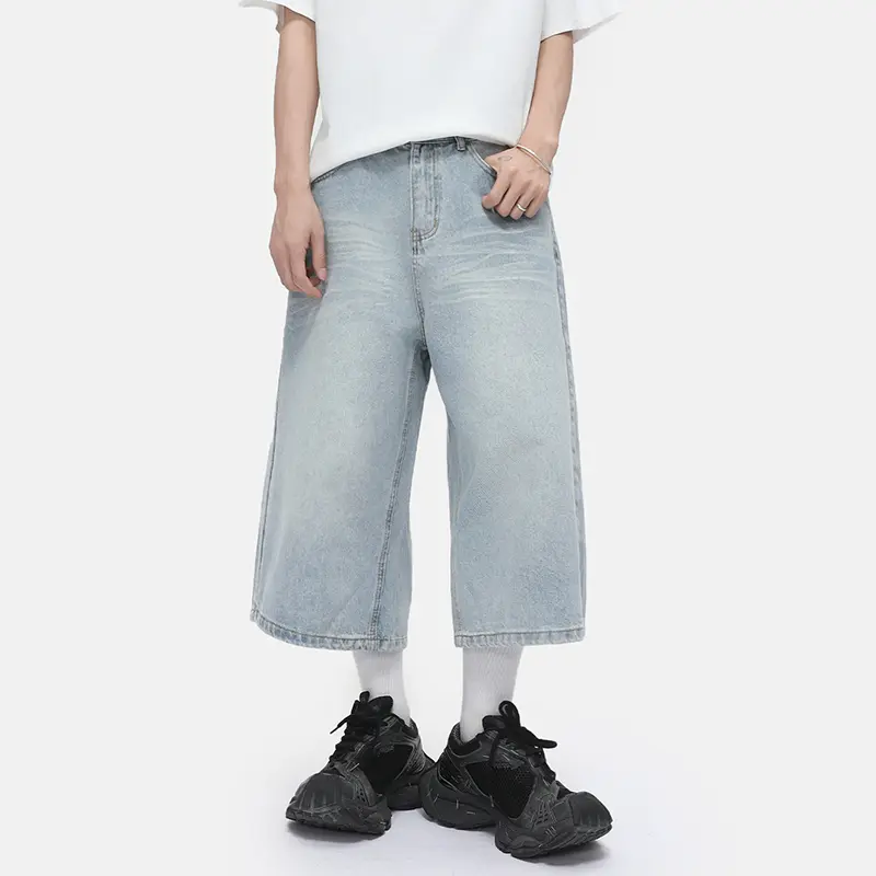 IEFB Korean Style Men Jeans Solid Color Washing Mill White All-match Straight Trousers Vintage Male Cropped Denim Shorts 9W3380