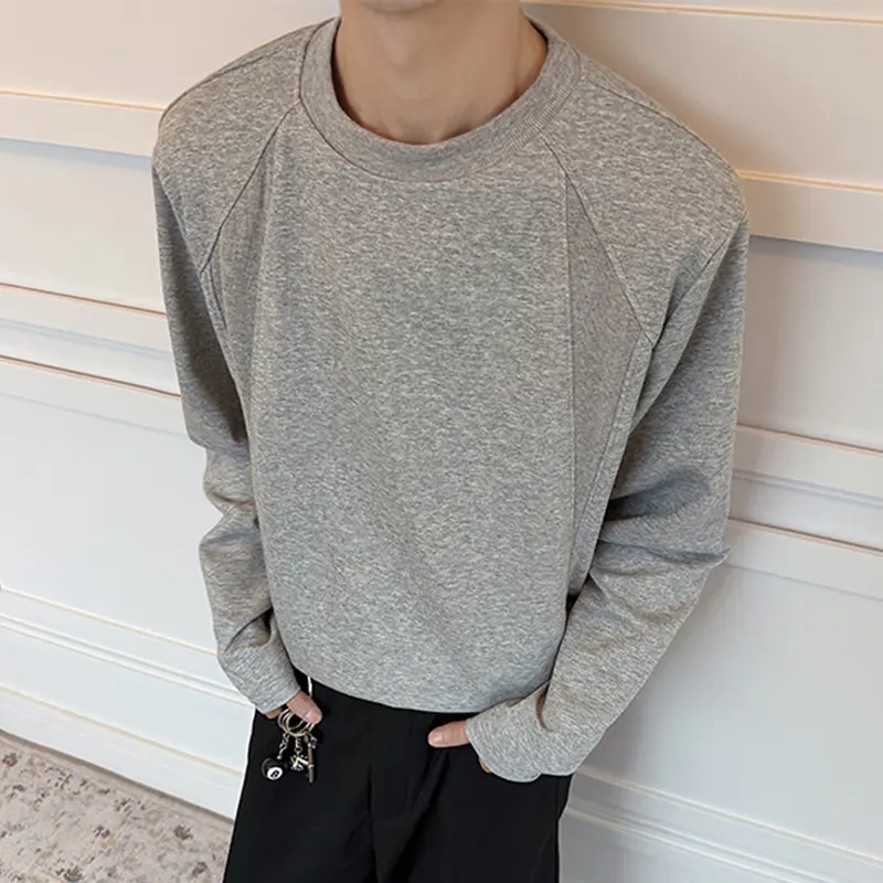 IEFB Loose Threaded Stitched Round-neck Long-sleeve T-shirt Male American Style New Trendy Round Collar Solid Color Top 9W4046
