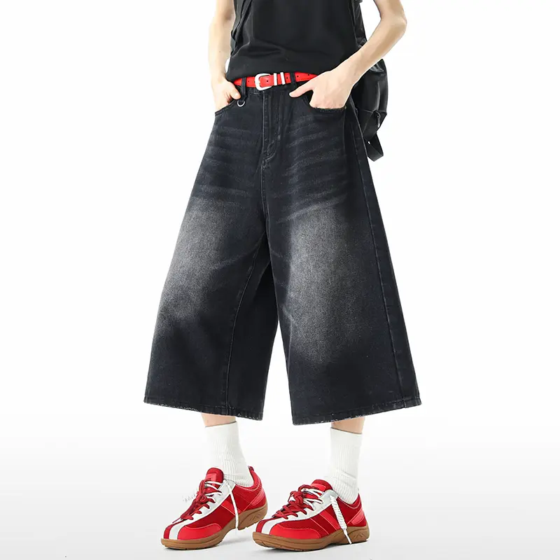 IEFB American Style Straight Wide Leg Denim Shorts Baggy Men Clothing New Fashion Male Washed Simple Male Over Knee Jeans 9W3260
