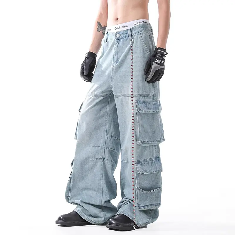 IEFB High Street Men's Cargo Jeans Solid Color Multi-pocket Deconstruction Fashion All-match Male Straight Denim Pants 9W3986