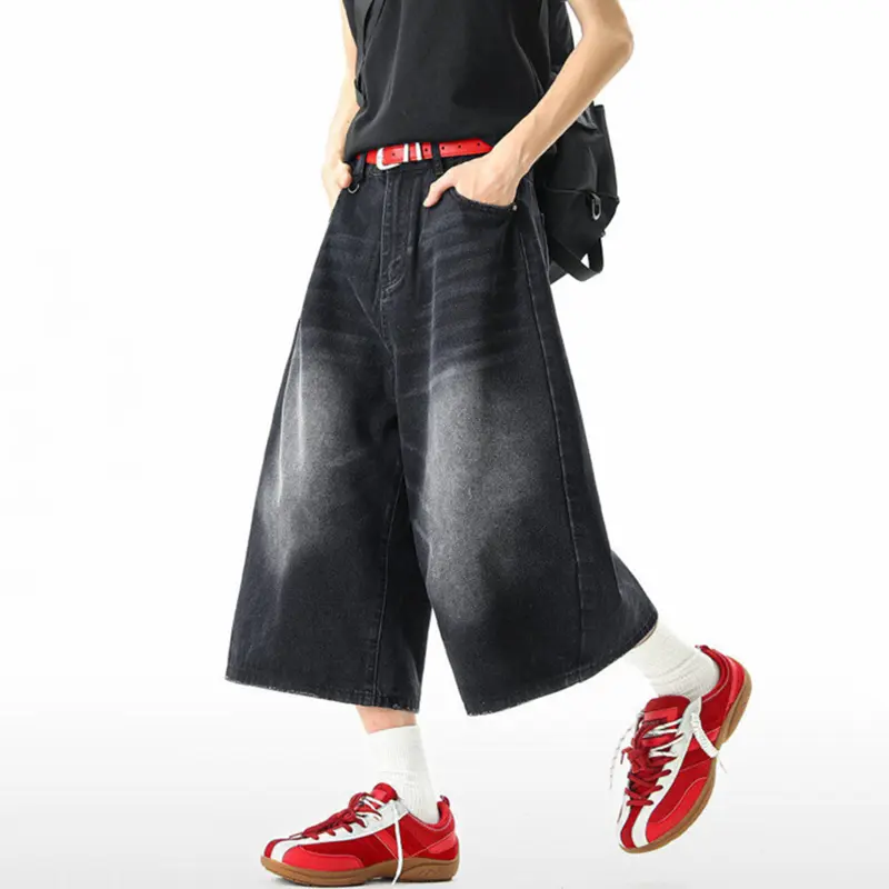 IEFB American Style Straight Wide Leg Denim Shorts Baggy Men Clothing New Fashion Male Washed Simple Male Over Knee Jeans 9W3260