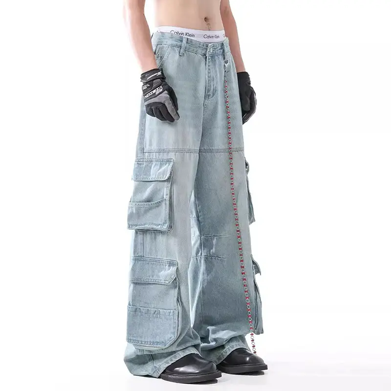 IEFB High Street Men's Cargo Jeans Solid Color Multi-pocket Deconstruction Fashion All-match Male Straight Denim Pants 9W3986