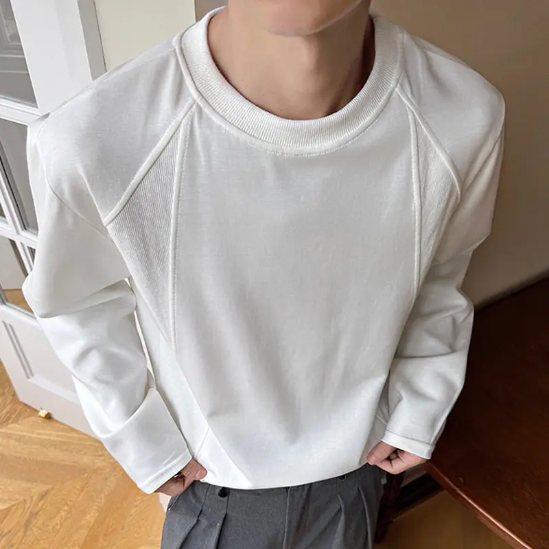 IEFB Loose Threaded Stitched Round-neck Long-sleeve T-shirt Male American Style New Trendy Round Collar Solid Color Top 9W4046
