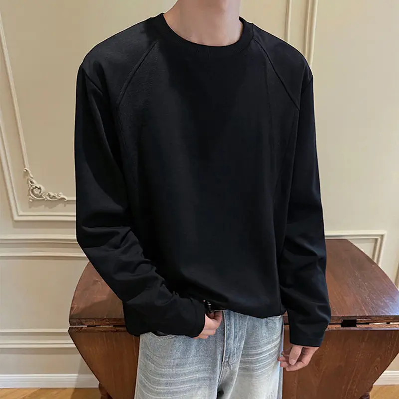 IEFB Loose Threaded Stitched Round-neck Long-sleeve T-shirt Male American Style New Trendy Round Collar Solid Color Top 9W4046