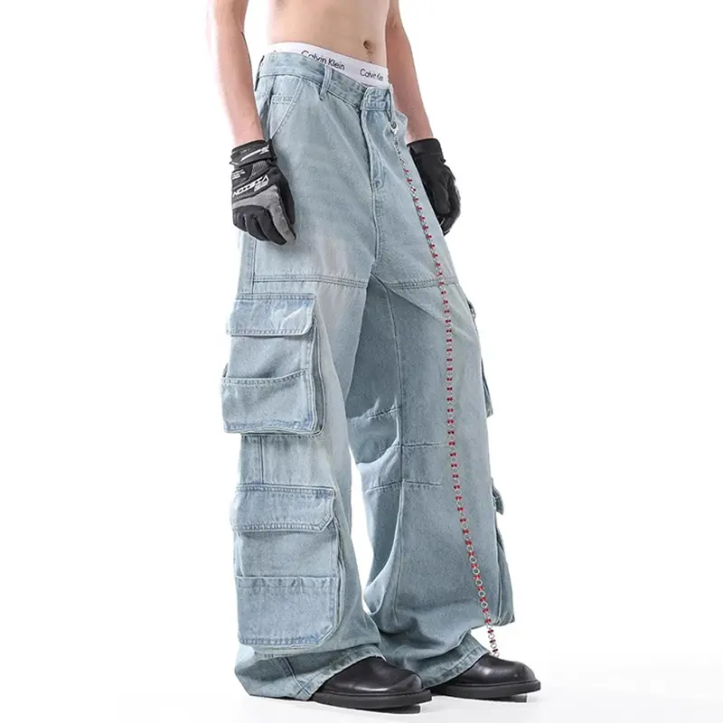 IEFB High Street Men's Cargo Jeans Solid Color Multi-pocket Deconstruction Fashion All-match Male Straight Denim Pants 9W3986