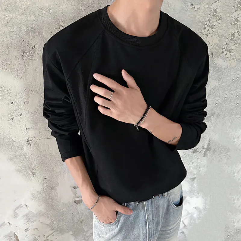 IEFB Loose Threaded Stitched Round-neck Long-sleeve T-shirt Male American Style New Trendy Round Collar Solid Color Top 9W4046