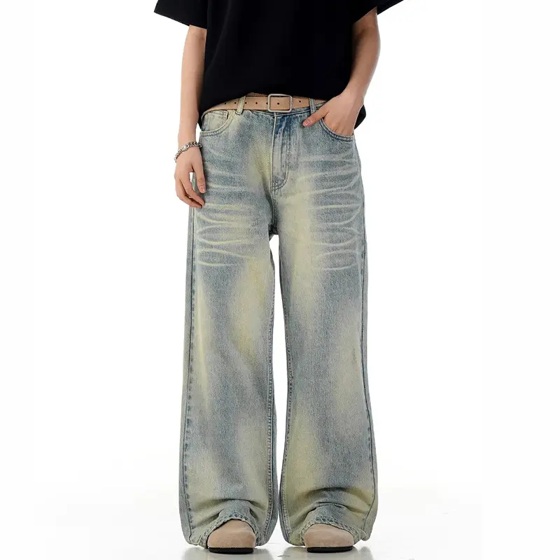 IEFB Straight Jeans Men's Clothing Summer American Style Cat Whisker Washed Vintage Men Denim Pants Cleanfit Versatile 9W3139