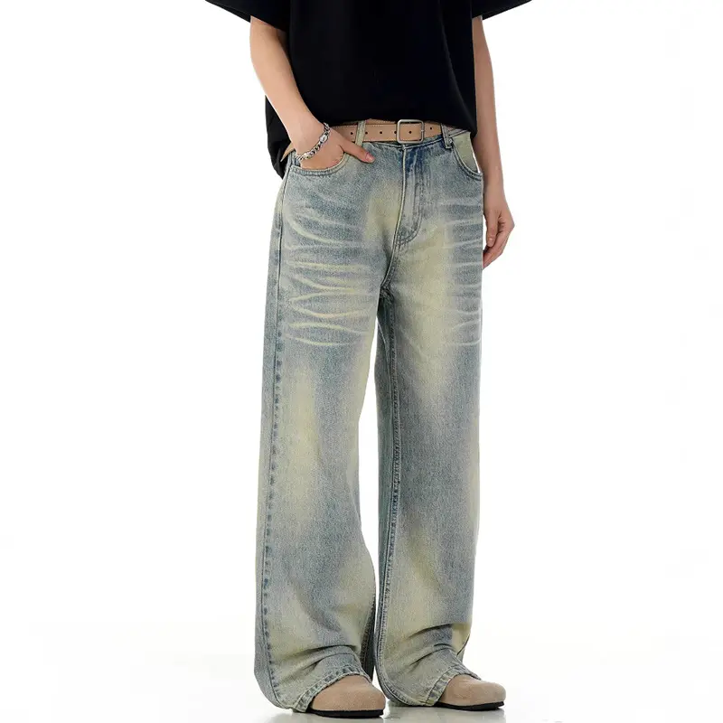 IEFB Straight Jeans Men's Clothing Summer American Style Cat Whisker Washed Vintage Men Denim Pants Cleanfit Versatile 9W3139