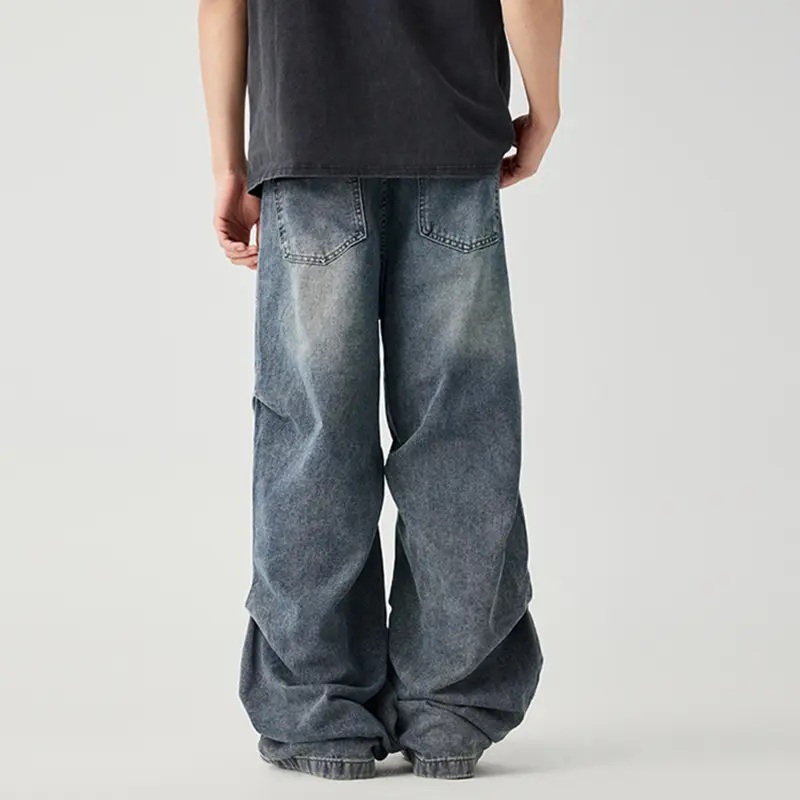 IEFB Washing Men's Jeans Solid Color Casul Pleated Design Trousers Worn-out Wide Leg All-match Male Denim Pants Summer 9W3758