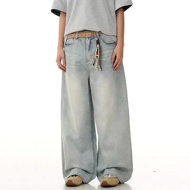 IEFB American Style Men's Denim Pants Solid Color Wahsing Straight Trousers Cleanfit Wide Leg Worn-out Male Jeans Summer 9W2795