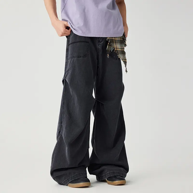 IEFB Washing Men's Jeans Solid Color Casul Pleated Design Trousers Worn-out Wide Leg All-match Male Denim Pants Summer 9W3758