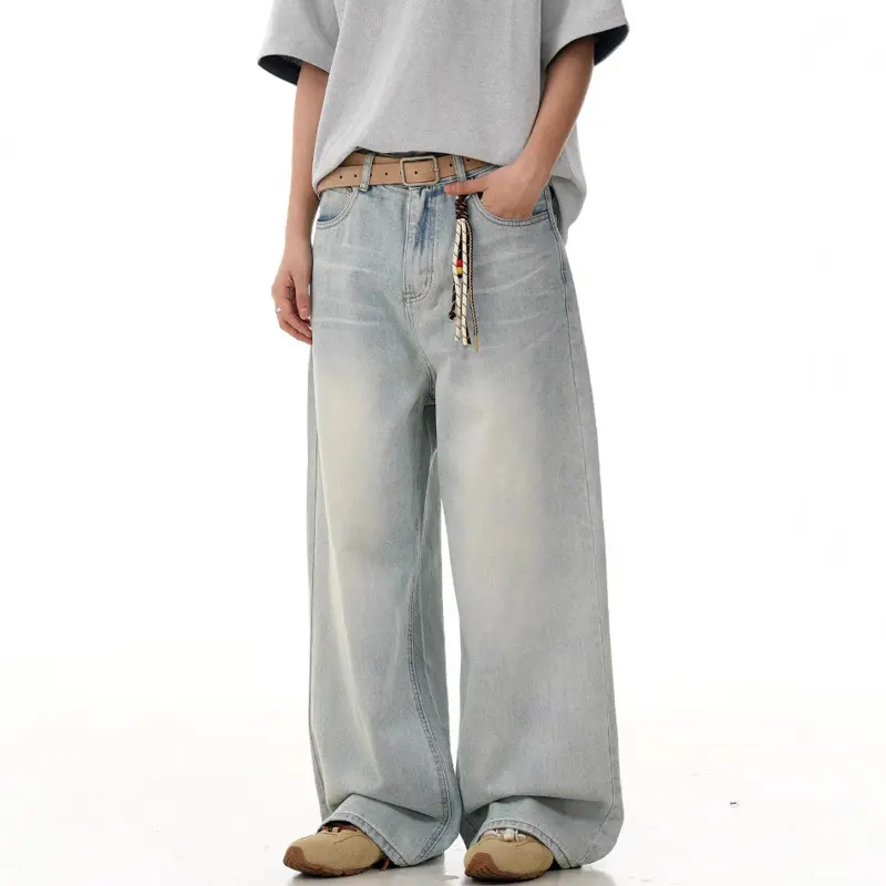 IEFB American Style Men's Denim Pants Solid Color Wahsing Straight Trousers Cleanfit Wide Leg Worn-out Male Jeans Summer 9W2795