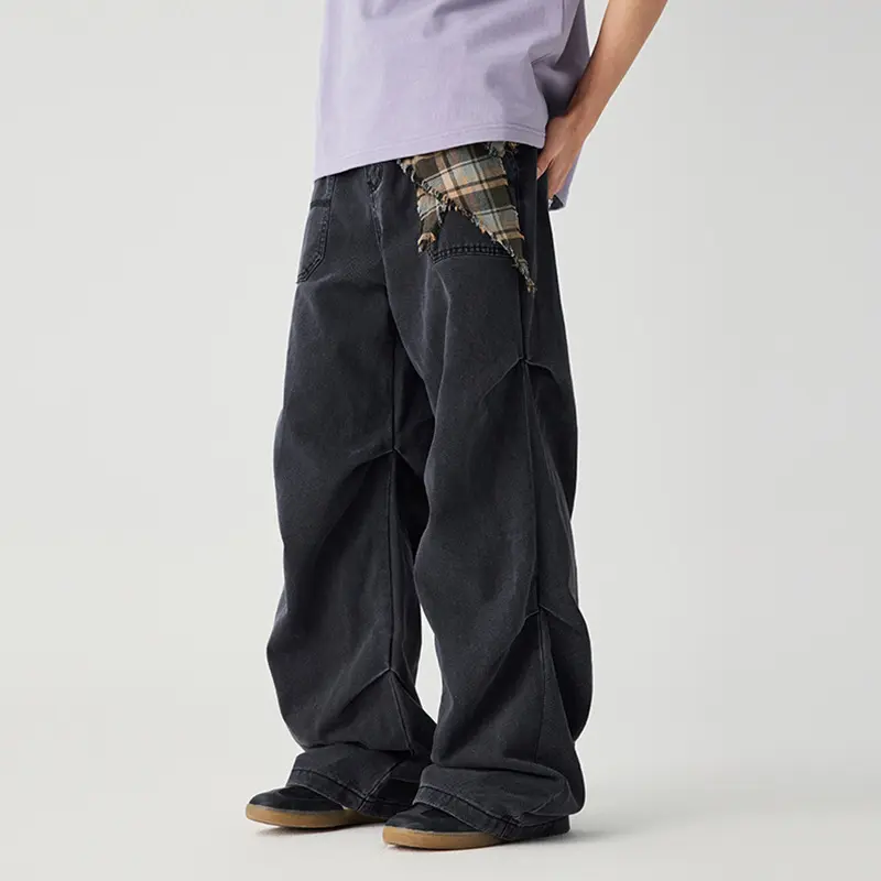 IEFB Washing Men's Jeans Solid Color Casul Pleated Design Trousers Worn-out Wide Leg All-match Male Denim Pants Summer 9W3758