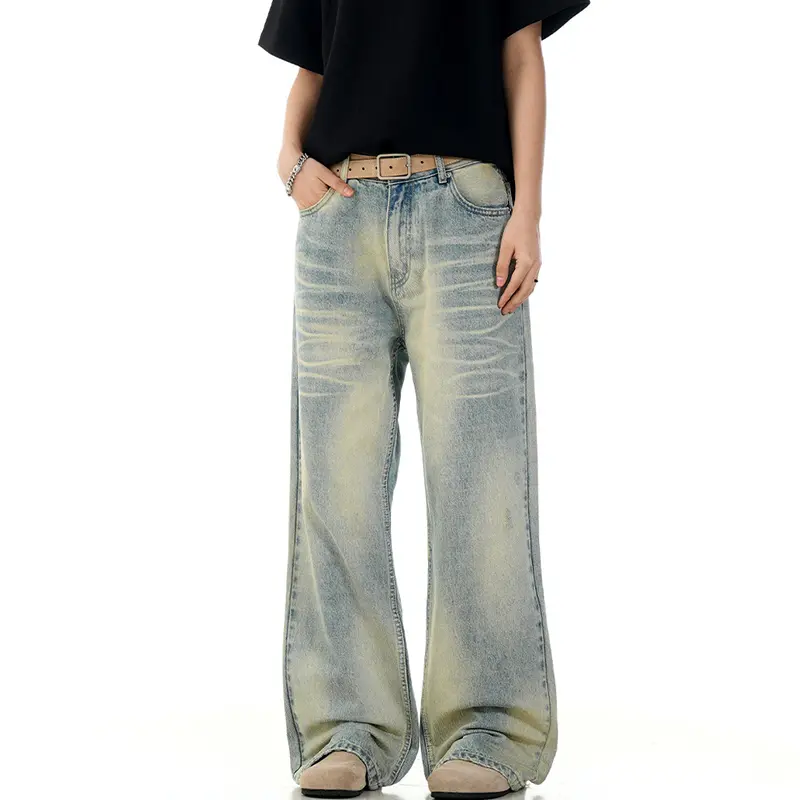IEFB Straight Jeans Men's Clothing Summer American Style Cat Whisker Washed Vintage Men Denim Pants Cleanfit Versatile 9W3139
