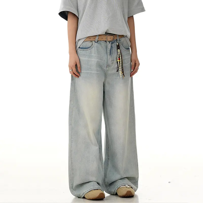 IEFB American Style Men's Denim Pants Solid Color Wahsing Straight Trousers Cleanfit Wide Leg Worn-out Male Jeans Summer 9W2795