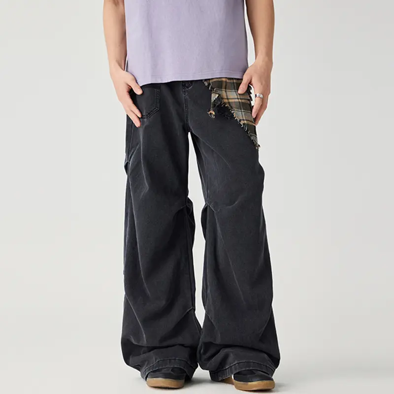 IEFB Washing Men's Jeans Solid Color Casul Pleated Design Trousers Worn-out Wide Leg All-match Male Denim Pants Summer 9W3758