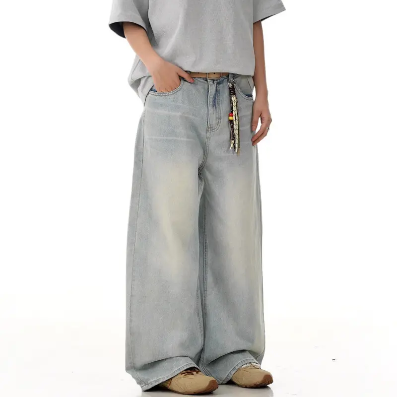IEFB American Style Men's Denim Pants Solid Color Wahsing Straight Trousers Cleanfit Wide Leg Worn-out Male Jeans Summer 9W2795