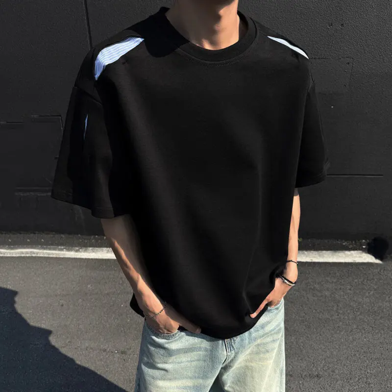 IEFB Korean Style Men's T-shirts Round Collar Striped Design Contrast Color Structure Short Sleeved Loose Male Tee Summer 9W3333
