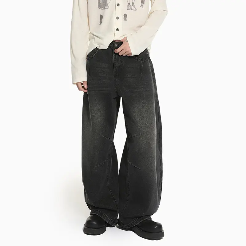 IEFB New Korean Style Men's Jeans Washing Solid Color Worn-out Wide Leg Curved-knife Trousers Cleanfit Male Denim Pants 9W4295