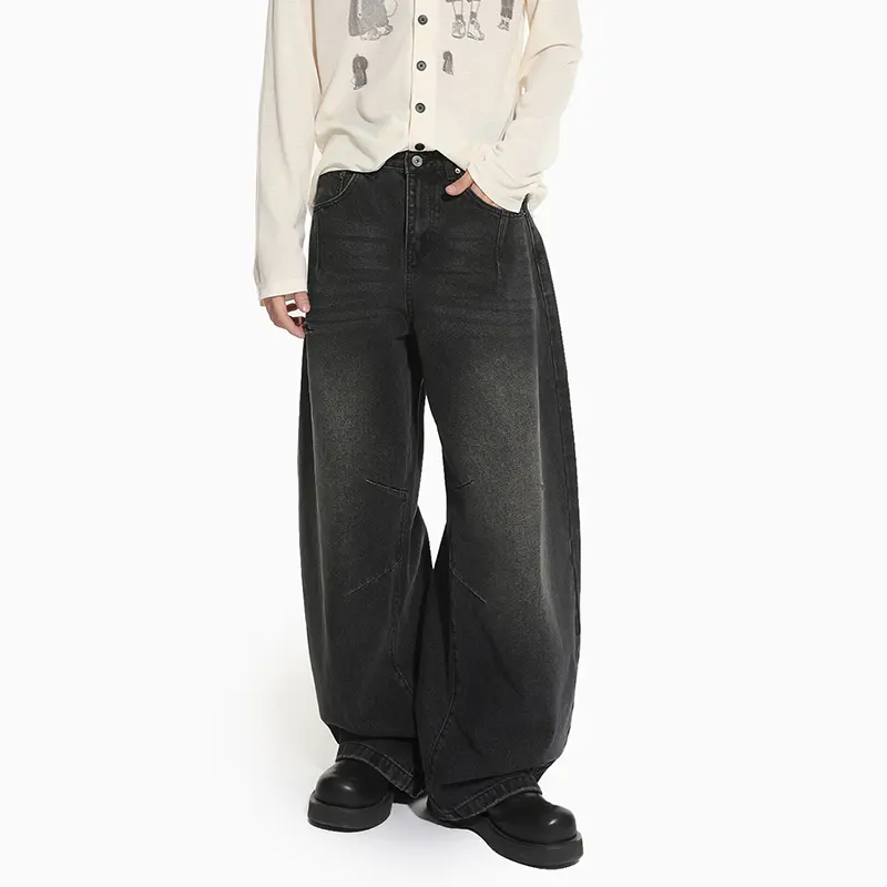 IEFB New Korean Style Men's Jeans Washing Solid Color Worn-out Wide Leg Curved-knife Trousers Cleanfit Male Denim Pants 9W4295