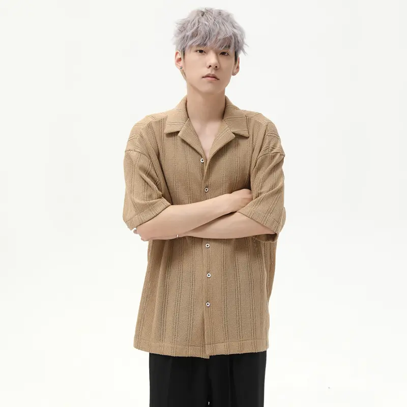 IEFB Solid Color Men's Shirt Hollow Out Simple Turn-down Collar Short Sleeved Knitted Single Breasted Loose Male Clothing 9W2788