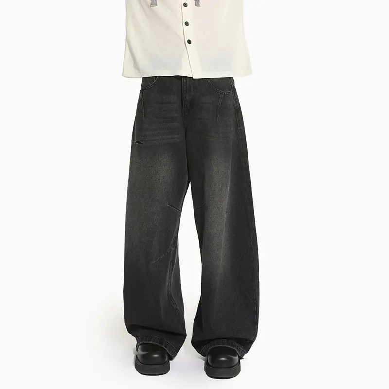 IEFB New Korean Style Men's Jeans Washing Solid Color Worn-out Wide Leg Curved-knife Trousers Cleanfit Male Denim Pants 9W4295