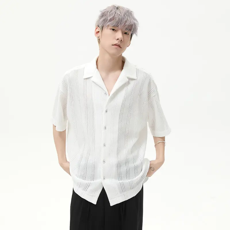 IEFB Solid Color Men's Shirt Hollow Out Simple Turn-down Collar Short Sleeved Knitted Single Breasted Loose Male Clothing 9W2788