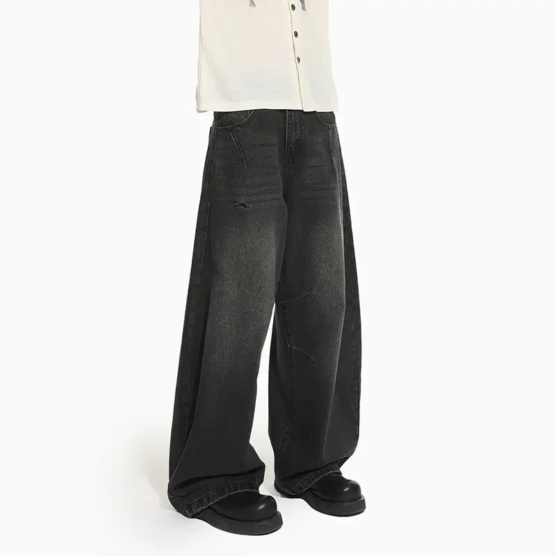 IEFB New Korean Style Men's Jeans Washing Solid Color Worn-out Wide Leg Curved-knife Trousers Cleanfit Male Denim Pants 9W4295