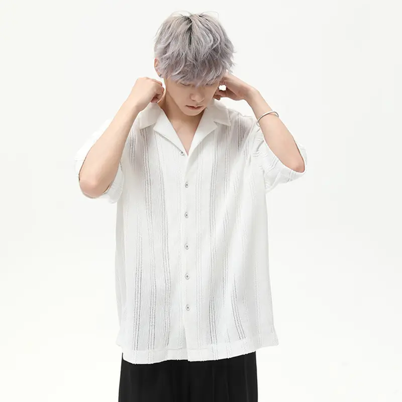 IEFB Solid Color Men's Shirt Hollow Out Simple Turn-down Collar Short Sleeved Knitted Single Breasted Loose Male Clothing 9W2788