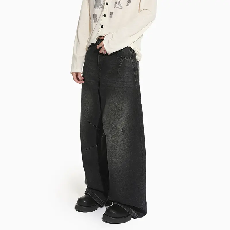 IEFB New Korean Style Men's Jeans Washing Solid Color Worn-out Wide Leg Curved-knife Trousers Cleanfit Male Denim Pants 9W4295