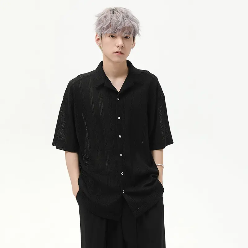 IEFB Solid Color Men's Shirt Hollow Out Simple Turn-down Collar Short Sleeved Knitted Single Breasted Loose Male Clothing 9W2788