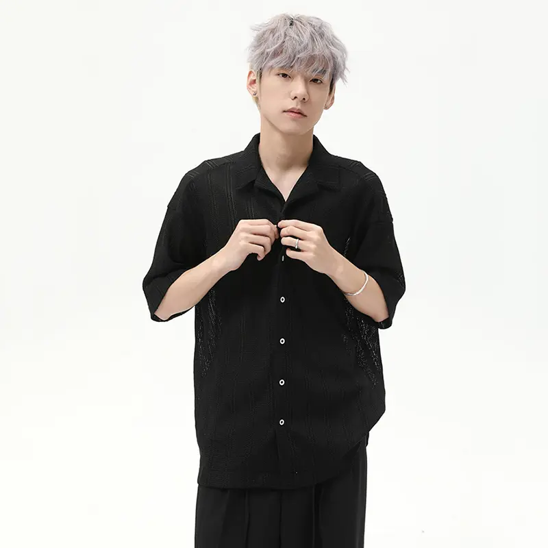 IEFB Solid Color Men's Shirt Hollow Out Simple Turn-down Collar Short Sleeved Knitted Single Breasted Loose Male Clothing 9W2788