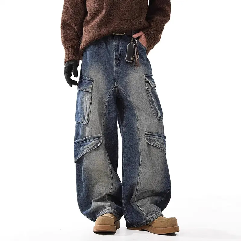 IEFB American Style Men's Denim Pants Washing Pockets Design Vintage Curved-knife Bottom Contrast Color Loose Male Jeans 9W3987