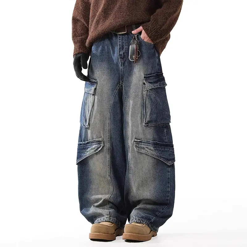 IEFB American Style Men's Denim Pants Washing Pockets Design Vintage Curved-knife Bottom Contrast Color Loose Male Jeans 9W3987